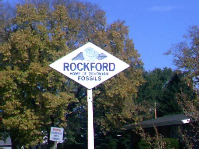 Road sign welcoming people to Rockford IA