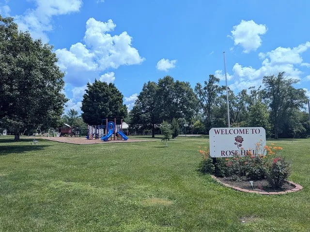 Rose Hill, Iowa, welcome sign and city park