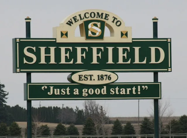 Welcome sign for Sheffield, Iowa