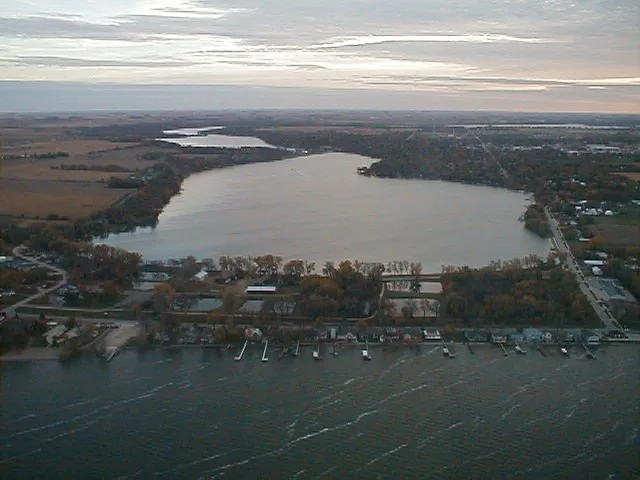 City of Spirit Lake looking south from over Spirit Lake towards the city on the west shore of East Okoboji Lake. Photograph taken on October 9, 2006.