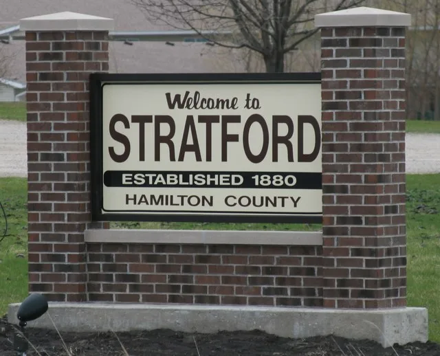 Welcome sign for Stratford, Iowa