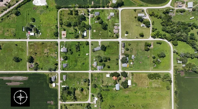 An aerial image of Udell, Iowa, taken on 4 August 2024