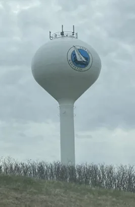 Water tower of Wahpeton, Iowa, photographed from Interstate 90, westbound lane
