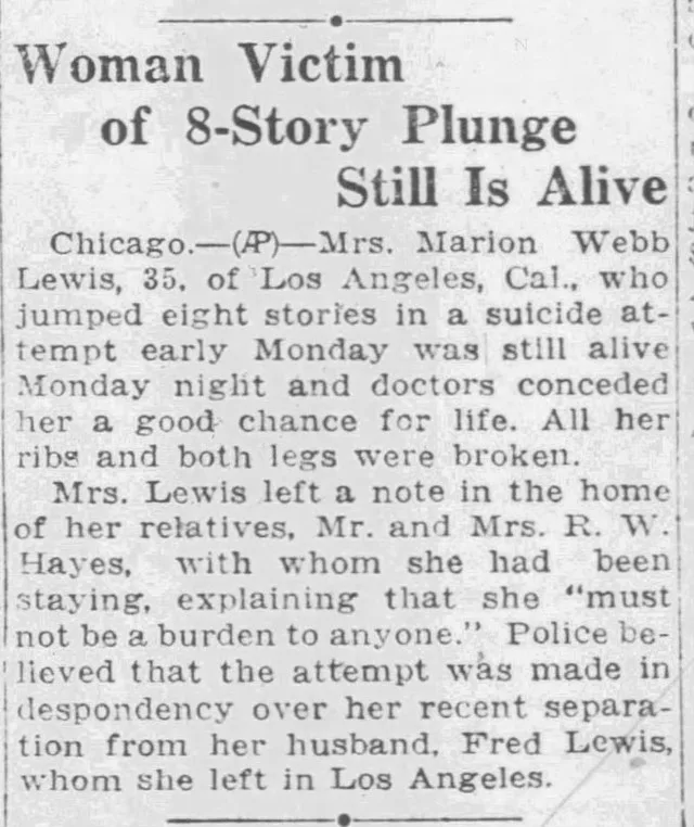 Marion Webb (1894-1931) suicide attempt in The Sioux City Journal of Sioux City, Iowa on August 12, 1930