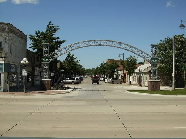 Historic Valley Junction in West Des Moines, Iowa . While the arch is not considered historic, the buildings immediately behind it are contributing properties in the Valley Juncti...