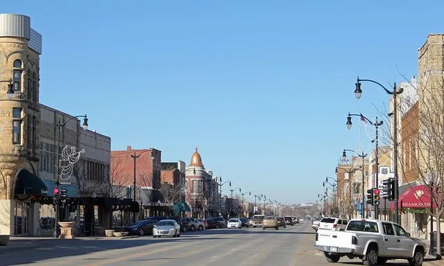 The Arkansas City Commercial Historic District, located in Arkansas City, Kansas. The district is listed on the National Register of Historic Places. The view is to the north, loo...