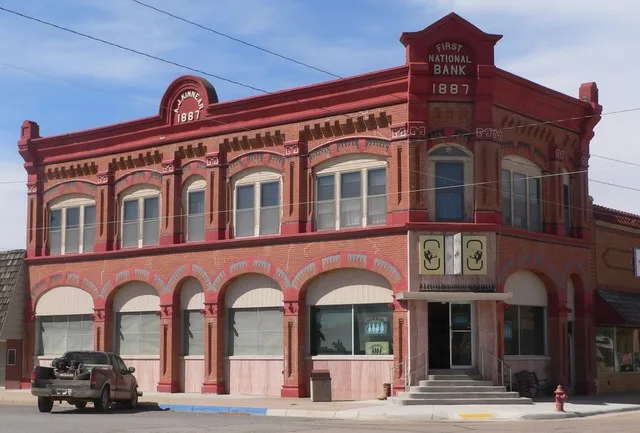 First National Bank building, located at northwest corner of 8th and Main in Ashland, Kansas; seen from the southeast.