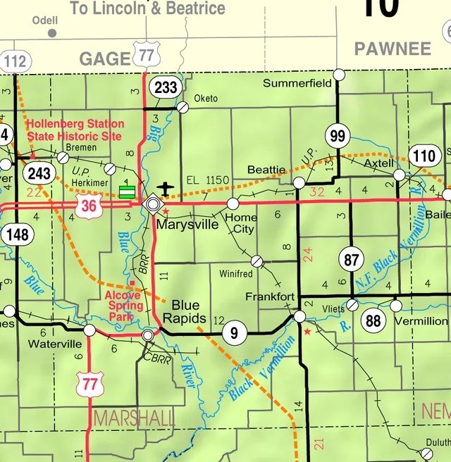 This map of Marshall County, Kansas , USA, is copied at a resolution of 300 pixels/inch from the original PDF file.