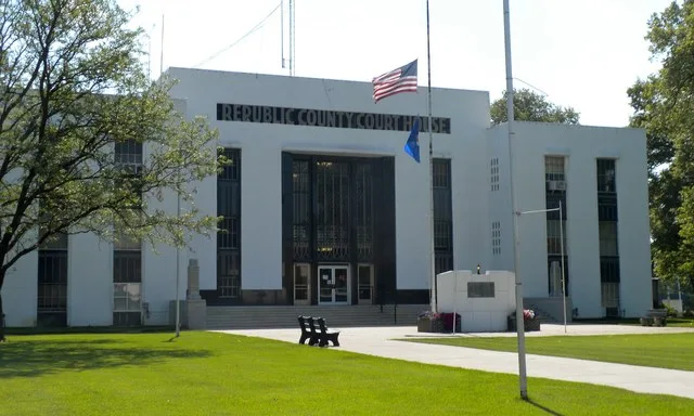 Republic County (Kansas) Courthouse. On the NRHP since April 26, 2002. Bounded by M St., 18th St., N St., and 19th St. in Belleville, Kansas. Building completed in 1940.