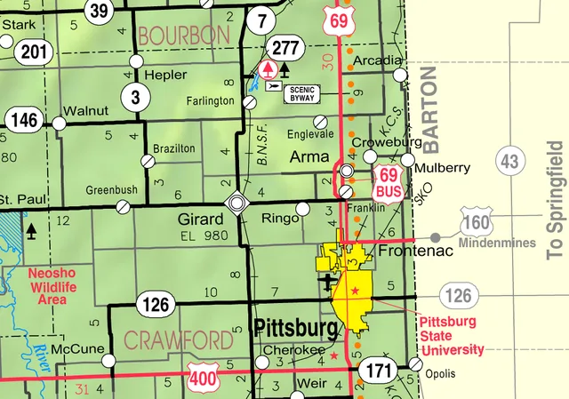 This map of Crawford County, Kansas , USA, is copied at a resolution of 300 pixels/inch from the original PDF file.