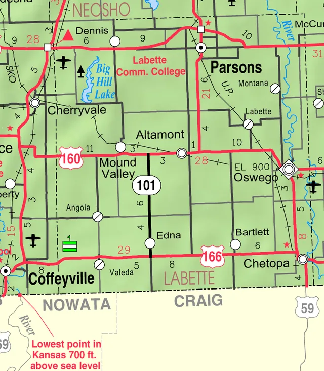 This map of Labette County, Kansas , USA, is copied at a resolution of 300 pixels/inch from the original PDF file.