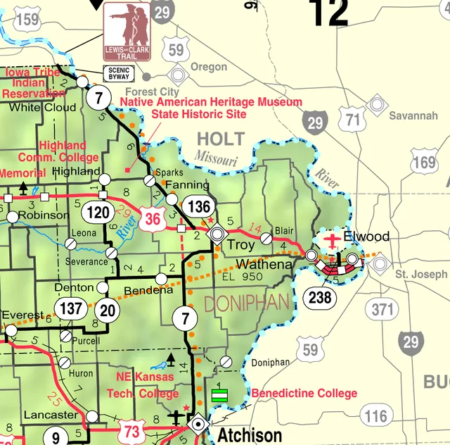 This map of Doniphan County, Kansas , USA, is copied at a resolution of 300 pixels/inch from the original PDF file.