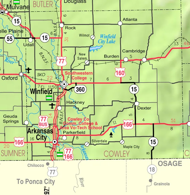 Map of Cowley County, Kansas , USA