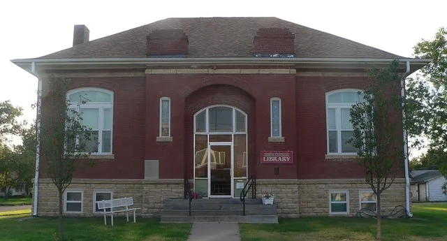 Carnegie library at 504 Morgan Avenue in Downs, Kansas; seen from the east., across Morgan.