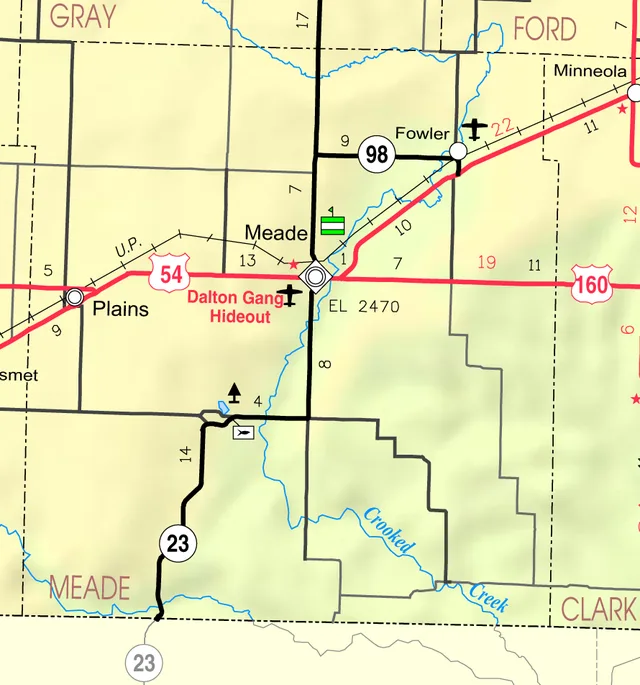 This map of Meade County, Kansas , USA, is copied at a resolution of 300 pixels/inch from the original PDF file.