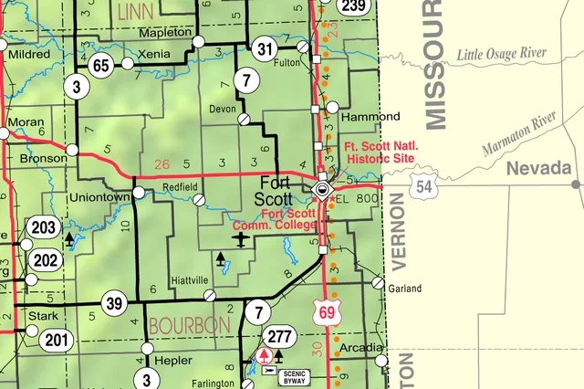This map of Bourbon County, Kansas , USA, is copied at a resolution of 300 pixels/inch from the original PDF file.