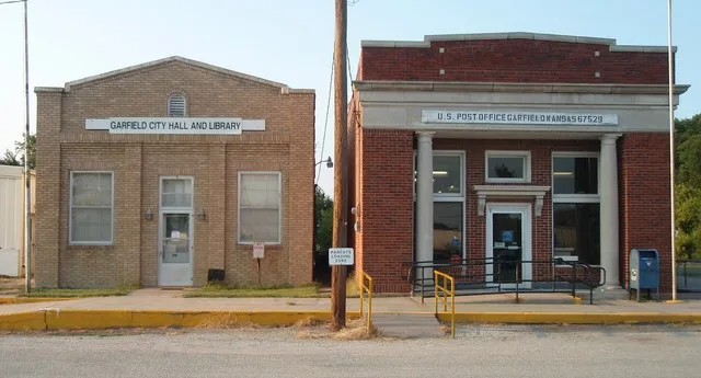 Post office, library, and city hall in Garfield, Kansas