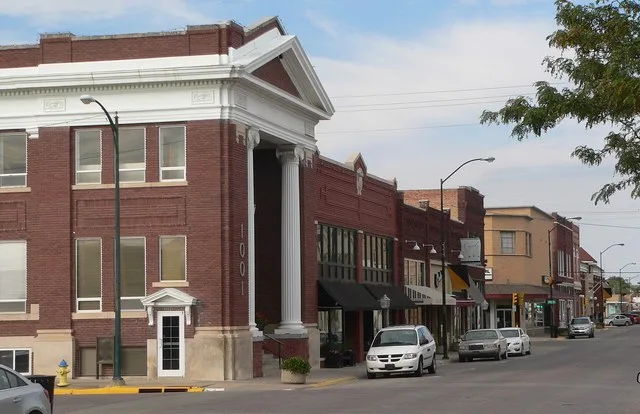 Downtown Hays, Kansas: west side of Main Street, looking north from the corner of 10th and Main. This section of Main is part of the Chestnut Street Historic District, listed in t...