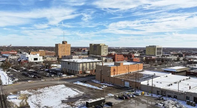 Aerial view of Hutchinson, KS skyline in 2023