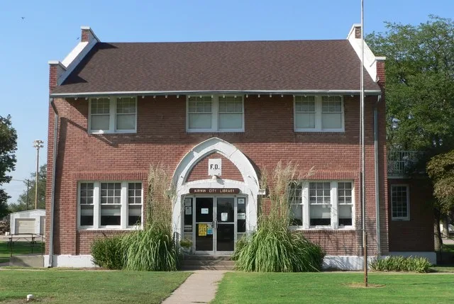 City hall building, located in center square of Kirwin, Kansas; seen from the south.