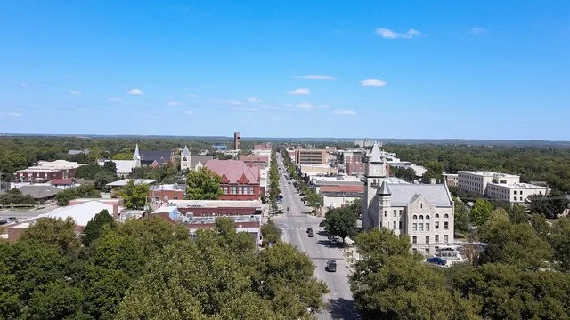 An aerial shot of downtown Lawrence, Kansas.