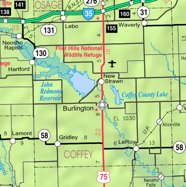 This map of Coffey County, Kansas , USA, is copied at a resolution of 300 pixels/inch from the original PDF file.