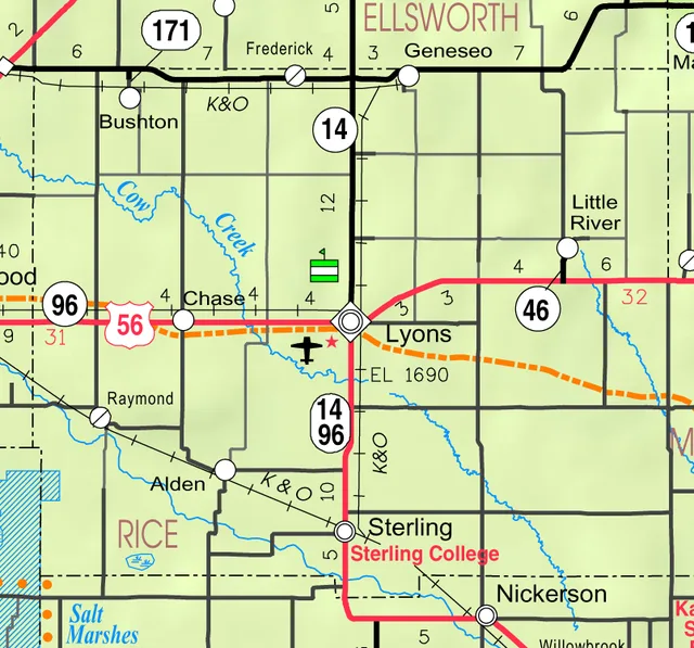 This map of Rice County, Kansas , USA, is copied at a resolution of 300 pixels/inch from the original PDF file.