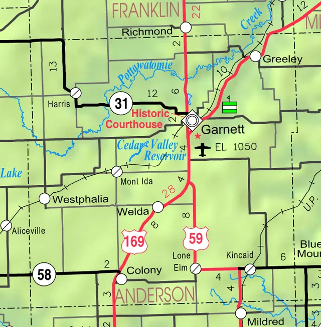 This map of Anderson County, Kansas , USA, is copied at a resolution of 300 pixels/inch from the original PDF file.