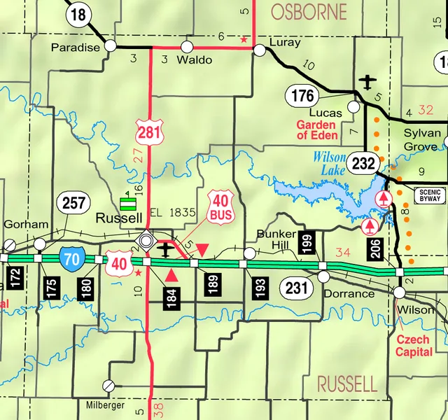 This map of Russell County, Kansas , USA, is copied at a resolution of 300 pixels/inch from the original PDF file.