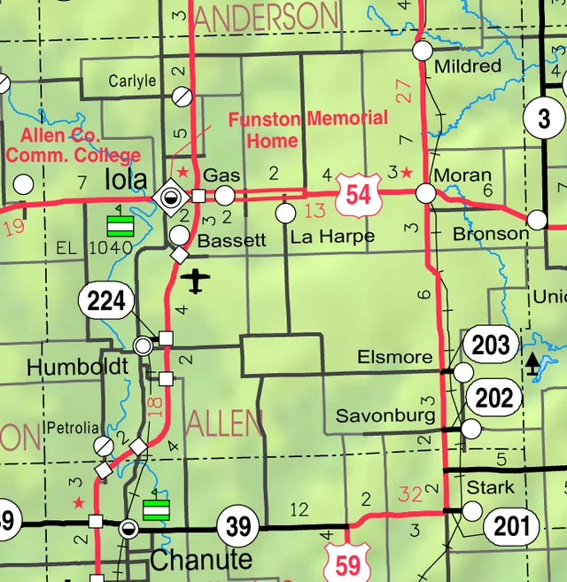 This map of Allen County, Kansas , USA, is copied at a resolution of 300 pixels/inch from the original PDF file.
