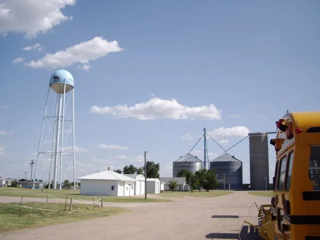 Water tower and grain storage facilities in Park, Kansas.