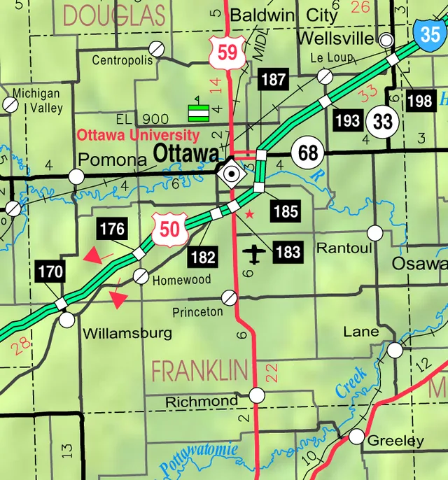 This map of Franklin County, Kansas , USA, is copied at a resolution of 300 pixels/inch from the original PDF file.