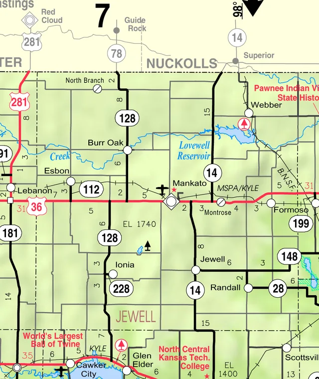 This map of Jewell County, Kansas , USA, is copied at a resolution of 300 pixels/inch from the original PDF file.