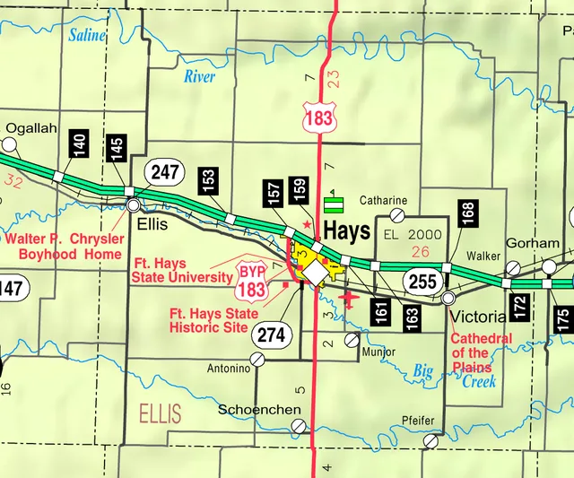This map of Ellis County, Kansas , USA, is copied at a resolution of 300 pixels/inch from the original PDF file.