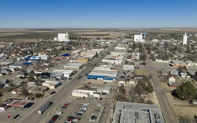 Aerial view of downtown Scott City, Kansas during winter 2026.