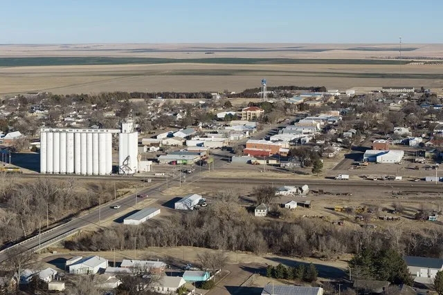 Aerial view of downtown Sharon Springs, Kansas (2026)
