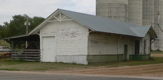 Union Pacific depot in Sylvan Grove, Kansas; seen from the southwest.