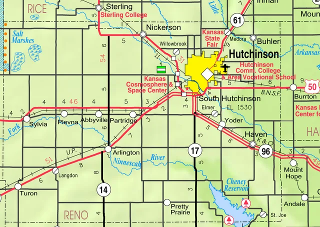 This map of Reno County, Kansas , USA, is copied at a resolution of 300 pixels/inch from the original PDF file.