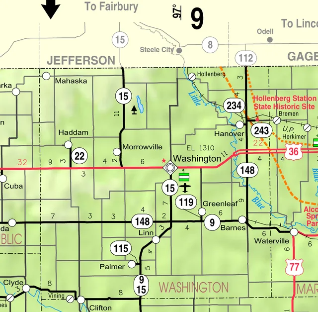 This map of Washington County, Kansas , USA, is copied at a resolution of 300 pixels/inch from the original PDF file.