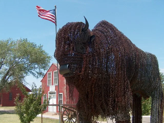 Barbed-wire buffalo at Fort Wallace Museum, Wallace, Kansas . Photo by Ken Gallager, July 25, 2006.