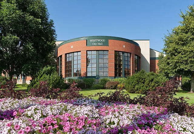 A view of Westwood City Hall from the intersection of 47th Street and Rainbow Blvd.