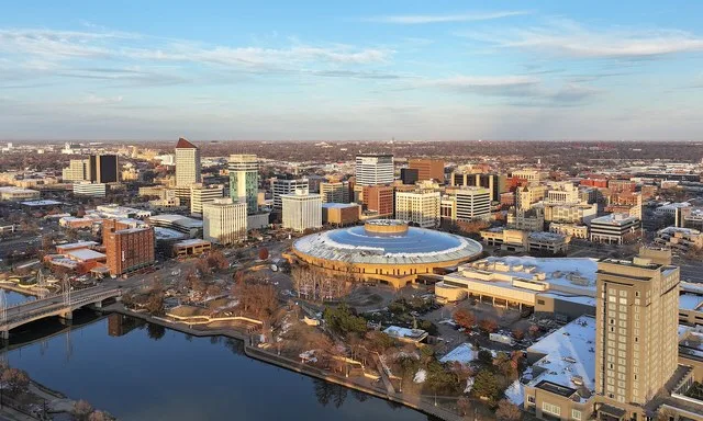The skyline of downtown Wichita, the largest city in Kansas with a metro-area population of 647,610