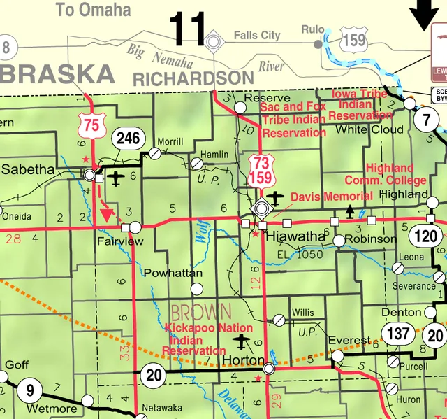 This map of Brown County, Kansas , USA, is copied at a resolution of 300 pixels/inch from the original PDF file.