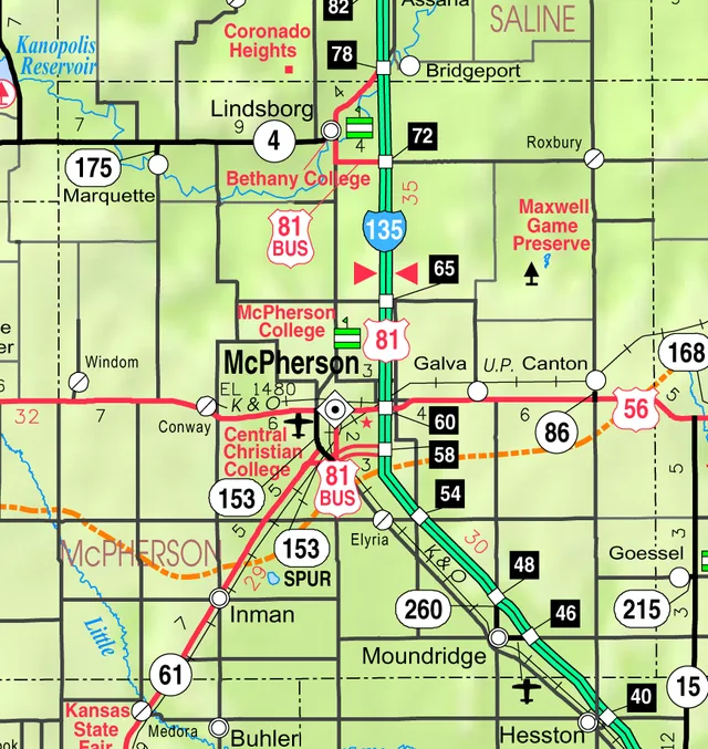 This map of McPherson County, Kansas , USA, is copied at a resolution of 300 pixels/inch from the original PDF file.
