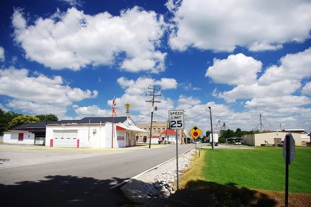 View along Gallatin Street (Kentucky Route 591) in Adairville, Kentucky, United States. Adairville Rural Fire Department Station 2 is on the left.