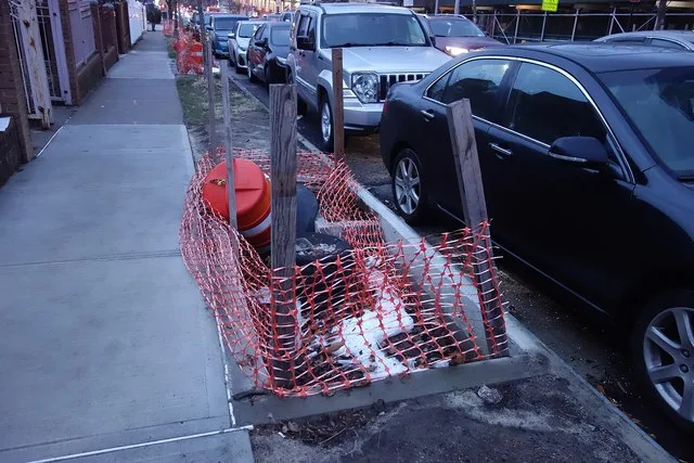 NYCDEP Rain Gardens being installed on the west side of Parsons Boulevard between Village Road / 82nd Drive and Goethals Avenue in Briarwood / Jamaica Hills, Queens. Note that the...