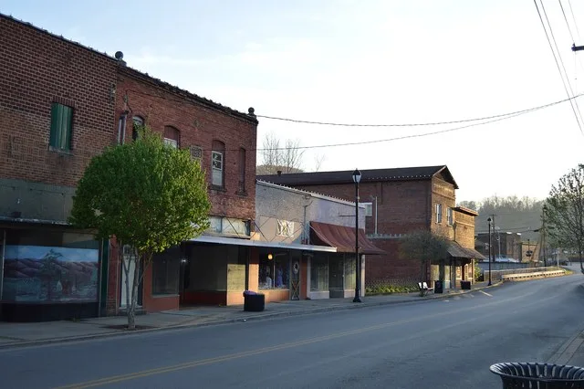 Buildings on the northern side of W. Main Street ( Kentucky Route 179 ), seen looking east from Myers Street, in downtown Cumberland , Kentucky , United States . This section of M...