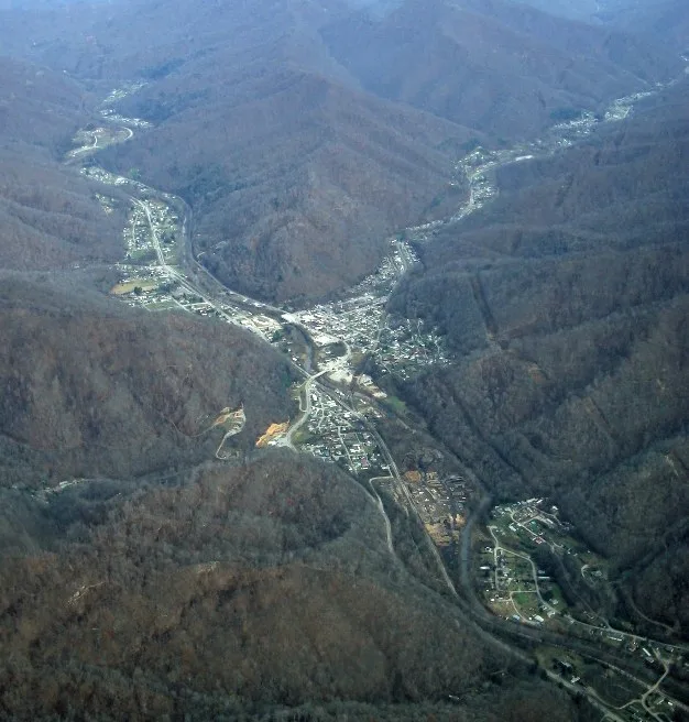Taken from a small plane this is a view of Evarts, Kentucky from approximately the South Southwest.