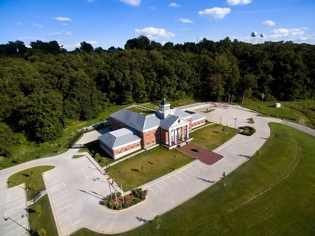An Aerial photo of the Hancock County courthouse. Facing away from the old courthouse, due southeast.