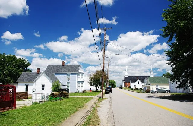 Kentucky Route 152 in Mackville, Kentucky, United States. The buildings in the picture are part of the Mackville Historic District.